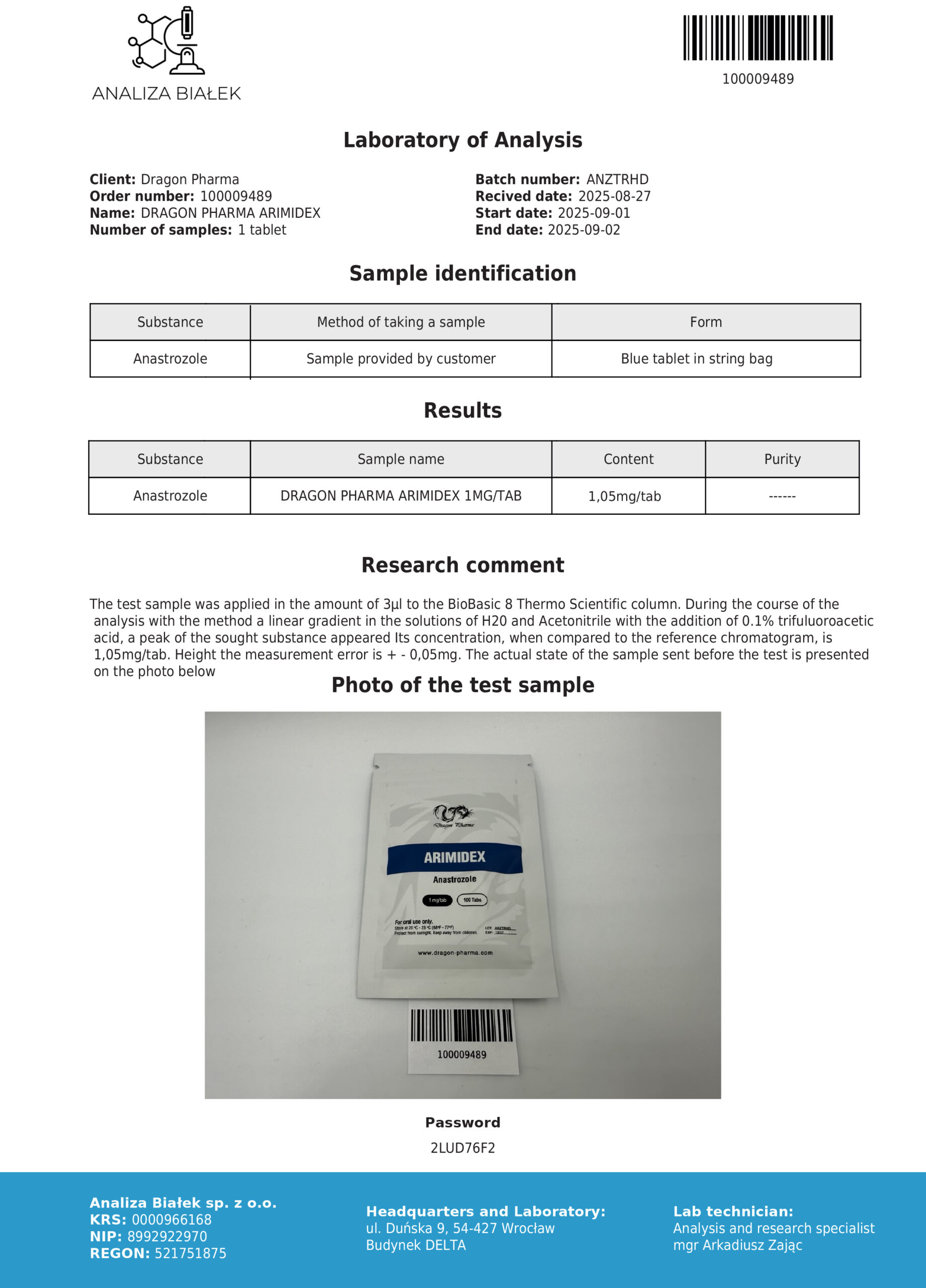 Dragon Pharma Arimidex 10 mg Lab Test Results – 1.05 mg per Tablet