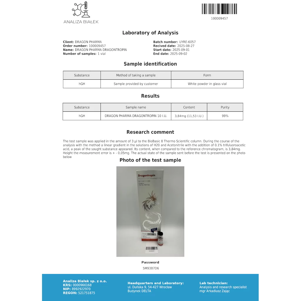 Dragontropin HGH Lab Test Results – 3.84 mg (11.53 IU)