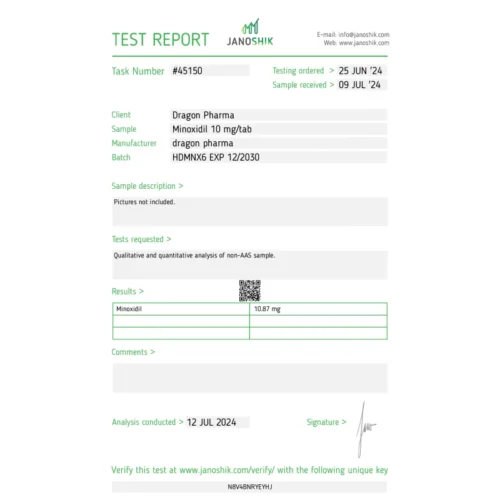 Dragon Pharma Minoxidil 10 mg Lab Test Results – 10.87 mg per Tablet