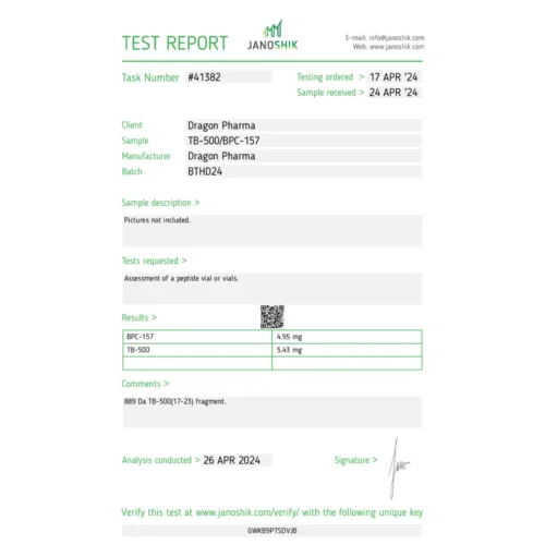 Lab test results for Dragon Pharma TB 500 and BPC 157 peptide blend